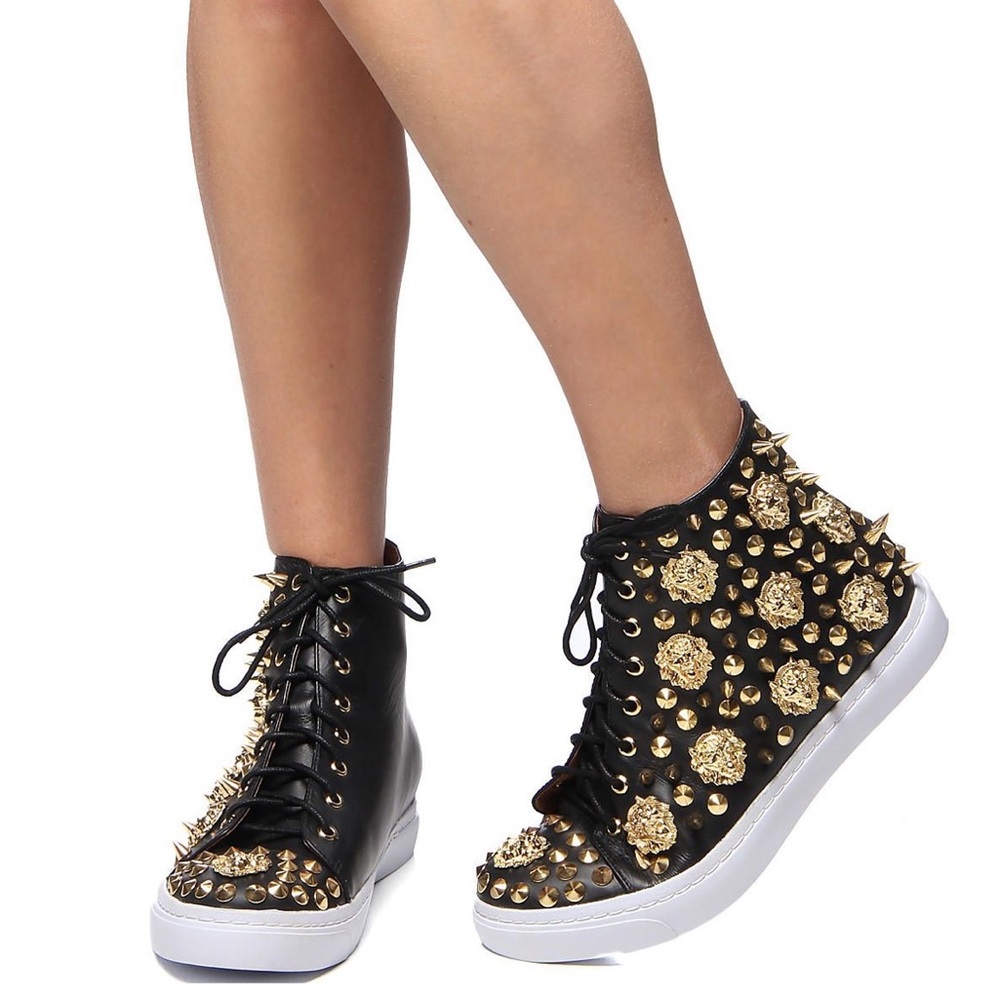 Black and Gold Studded High-Top Sneakers